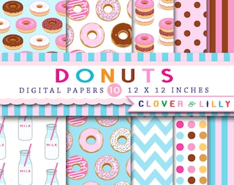 Donut digital paper with donuts, milk bottles, for birthday invites, scrapbooking, Instant Download commercial use