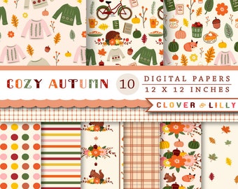 Cozy Autumn digital paper pack with autumn themed papers, acorns, pumpkin, coffee, pumpkin spice latte, mums, fall scrapbook Clover & Lilly