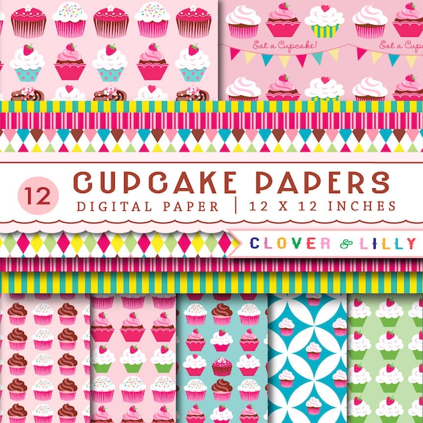 Cupcake Digital scrapbook papers for birthday invites, toppers, cupcake paper, Instant Download