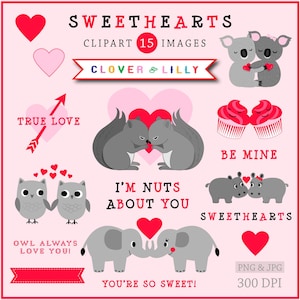 Clipart Saint-Valentin avec koala, éléphant, hippopotames, hiboux, écureuils, cupcakes, mignon, kawaii, gris, rouge, cartes Téléchargement instantané