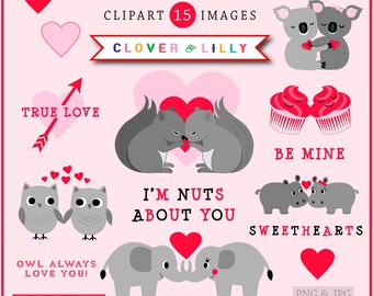 Valentines Day clipart with koala bear, elephant, hippos, owls, squirrels, cupcakes, cute, kawaii, grey, red, cards Instant Download
