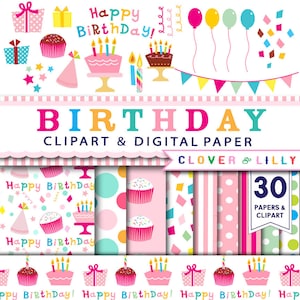 Birthday Party clipart and digital paper with balloons, gifts, confetti, candles, cupcakes, hats, Instant download, scrapbook paper