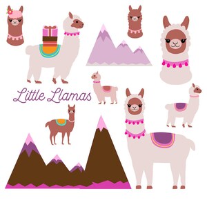 May include: A set of cute cartoon llamas with pink and purple accents. The llamas are wearing colorful accessories and some are carrying gifts. The image also includes mountains in the background. The text "Little Llamas" is written at the bottom of the image.