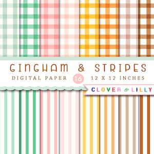 Papéis digitais Gingham em cores pastel neutras, papel para scrapbook, guingãos e listras, para impressão, download instantâneo, uso comercial