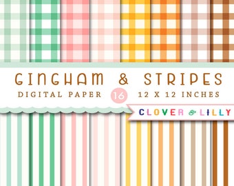 Gingham Digital Papers in neutral pastel colors, Scrapbook Paper, Ginghams and Stripes, Printable, Instant Download, Commercial Use