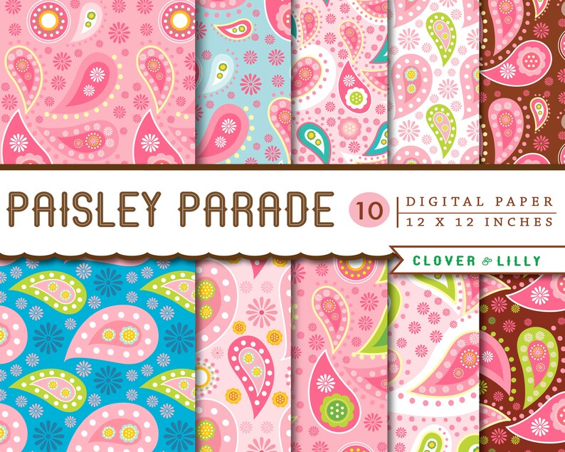 Paisley digital papers for scrapbooking, cards, invites, pink, brown, blue scrapbooking paper DIGITAL DOWNLOAD image 2