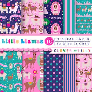 Llamas Digital Paper, cute llamas, alpaca, background, patterns, Instant Download kawaii, birthday, invite