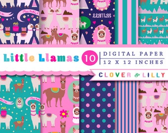 Llamas Digital Paper, cute llamas, alpaca, background, patterns, Instant Download kawaii, birthday, invite