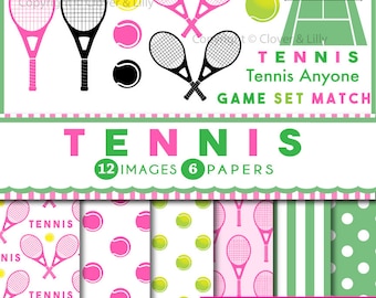 Tennis Clipart, pink raquet, tennis anyone, digital scrapbook paper, pink and green, balls, court, instant download, girls