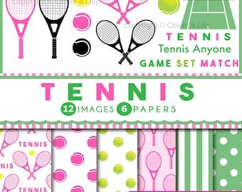 Clipart tennis, raquette rose, tennis, n'importe qui, papier de scrapbooking numérique, rose et vert, balles, court, téléchargement immédiat, filles