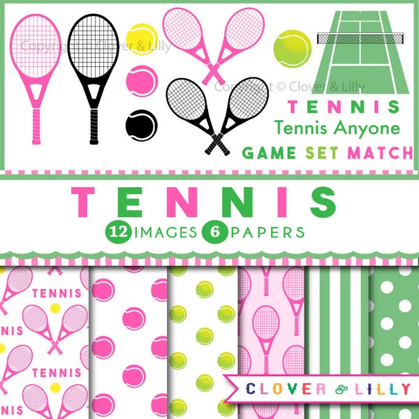 Tennis Clipart, pink raquet, tennis anyone, digital scrapbook paper, pink and green, balls, court, instant download, girls