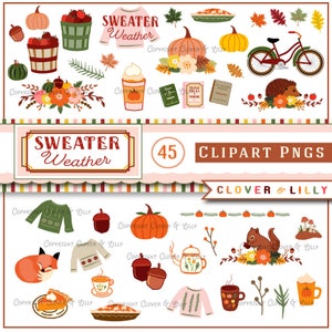 Pull météo automne clipart avec citrouilles, glands, café citrouille épicée, feuilles, livres, clipart numérique automne confortable par Clover et Lilly image 1