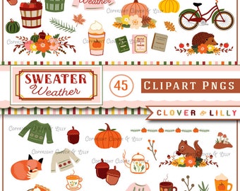 Sweater Weather autumn clipart with pumpkins, acorns, pumpkin spice coffee, leaves, books, Cozy Fall digital clip art by Clover and Lilly