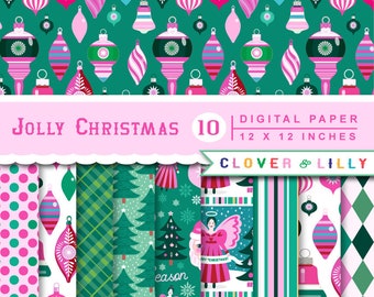Christmas Digital Paper for card design, crafts, scrapbooking, Jolly Christmas, Santa Claus, Angel, Ornaments