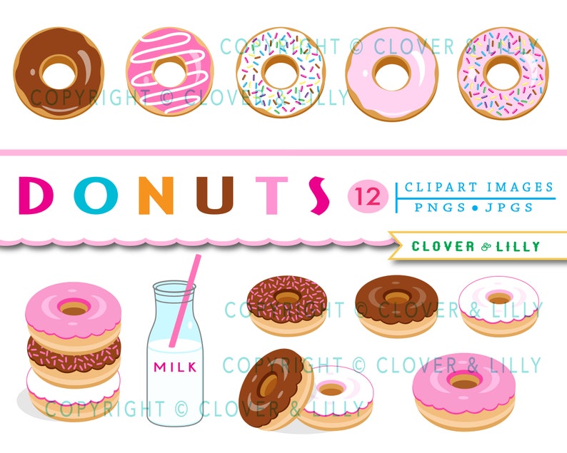 May include: A set of 12 donut clipart images in various colors and designs, including chocolate, pink, and sprinkles. The images are perfect for crafting, scrapbooking, and other creative projects. The text "DONUTS 12 CLIPART IMAGES PNGS.JPGS CLOVER & LILLY" is included in the image.