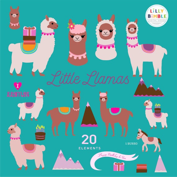 Llama clipart, cute llamas clip art, burro, birthday card, alpaca, illustration, Instant Download kawaii