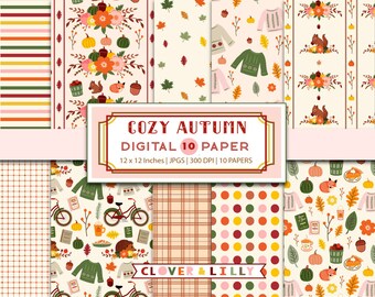 Cozy Autumn digital paper pack with autumn themed papers, acorns, pumpkin, coffee, pumpkin spice latte, florals, fall scrapbook supplies