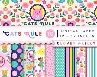 Cats Rule digital papers for cat lovers, birthday party, fun, bright, colorful scrapbook papers, instant download, hot pink, teal