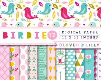 BIRDIE digital scrapbook papers for card design, invites, Birds, garden, Spring digital paper, summer, whimsical