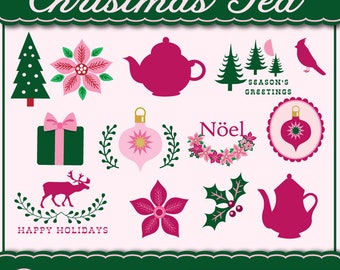 Christmas Tea Clipart, Labels, tags, teapot, poinsettias, sayings, frames, deer, Clip art PNGS