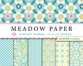 Blue and Yellow digital papers with modern floral designs, butterflies, vines in pale pinks, green, teal and yellow Digital Download