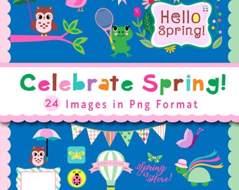 Celebrate Spring digital clipart in PNG format, instant download, Clover and Lilly clip art, scrapbook, card owls, frogs, bunting, flags