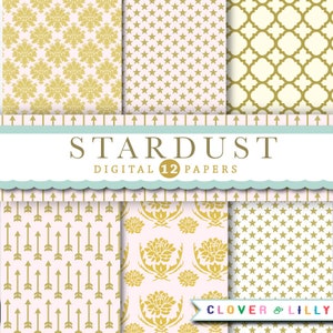 STARDUST Elegant digital paper with stars, damask, arrows, quatrefoil, pink, turquoise, mint and gold, scrapbook, Instant DOWNLOAD image 2