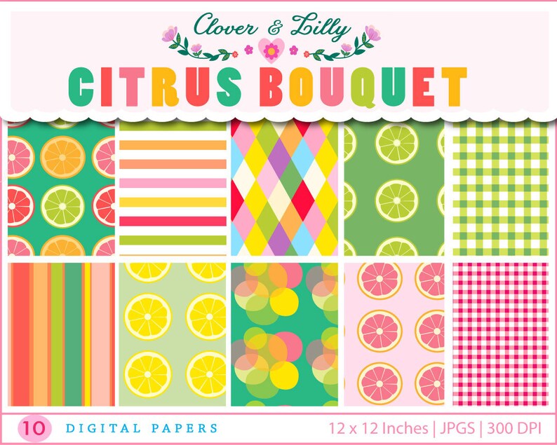 Citrus Digital Papers With Lemons, Limes, Grapefruit, Summer Scrapbook ...