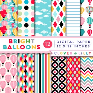 Hot Air Balloons digital papers Balloons bright colors birthday invites, cardmaking, scrapbooking Instant Download