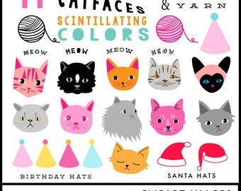 Cat Faces clipart cats for birthday cards, Christmas, hand drawn digital images Instant Download kitties