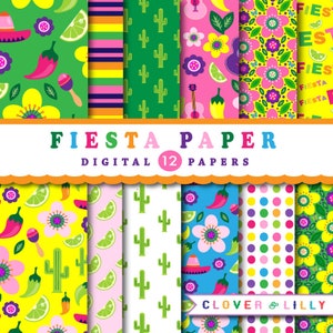 FIESTA PARTY digitaal papier voor Cinco De Mayo, feesten, decor, plakboek, Mexicaans, papieren, cactus, felle kleuren, Instant Download