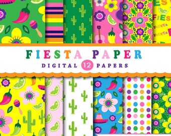 FIESTA PARTY digital paper for Cinco De Mayo, parties, decor, scrapbook, Mexican, papers, cactus, bright colors, Instant Download