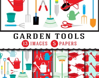 GARDEN TOOLS clipart for Spring and Summer in png and jpg. Includes 5 digital papers, watering can, shovel, hoe, rake