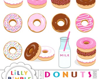 Donuts clipart for invitation, cards and scrapbooking, sprinkles, chocolate, milk, birthday party clip art Instant Download