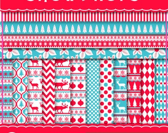 Christmas digital paper, SNOW DROPS, scandinavian, red and turquoise, Scrapbook Papers