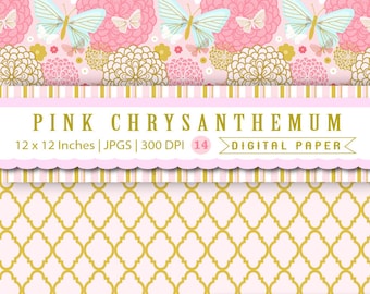 Elegant Digital Scrapbook Paper with Pink Chrysanthemum,  mums, flowers, pink and gold printable, Clover and Lilly