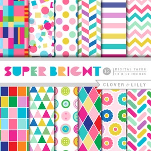 SUPER BRIGHT digital paper colorful, hot pink, purple, orange, geometric, modern scrapbook paper pack, colors,