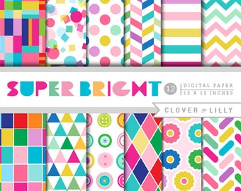 SUPER BRIGHT digital paper colorful, hot pink, purple, orange, geometric, modern scrapbook paper pack, colors,