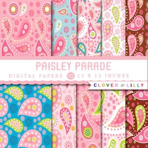 Paisley digital papers for scrapbooking, cards, invites, pink, brown, blue scrapbooking paper DIGITAL DOWNLOAD image 1