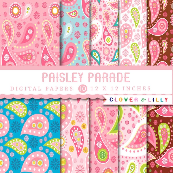 Paisley digital papers for scrapbooking, cards, invites, pink, brown, blue scrapbooking paper DIGITAL DOWNLOAD