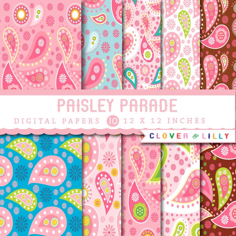 Paisley digital papers for scrapbooking, cards, invites, pink, brown, blue scrapbooking paper DIGITAL DOWNLOAD image 1