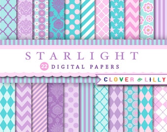 22 digital scrapbook papers purple, pink, turquoise, teal, light blue, lavender STARLIGHT instant download