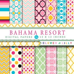 Bahama Resort digital scrapbook papers quatrefoil, trellis, modern, summer, tropical colors Download