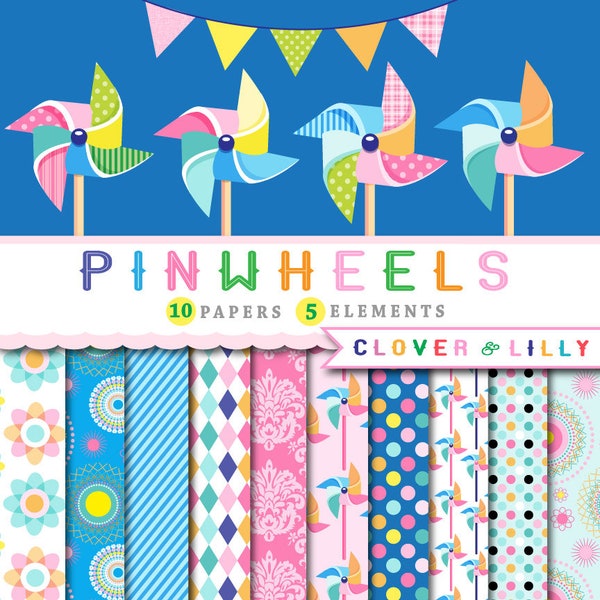 Pinwheel clipart and digital papers, summer bunting bright colors printable Digital Downloads pinwheels