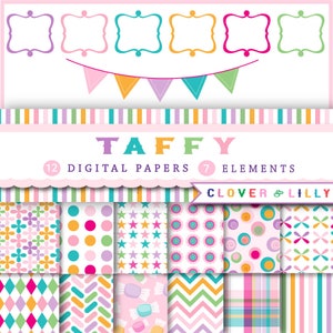 May include: A set of 12 digital papers and 7 elements with a pink, blue, green, and yellow color scheme. The papers feature various patterns including stripes, polka dots, stars, flowers, and candy. The elements include frames and a banner.