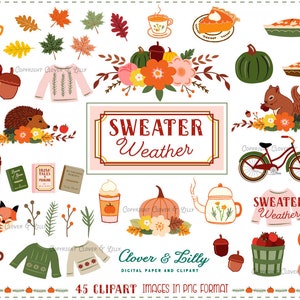 Pull météo automne clipart avec citrouilles, glands, café citrouille épicée, feuilles, livres, clipart numérique automne confortable par Clover et Lilly image 5