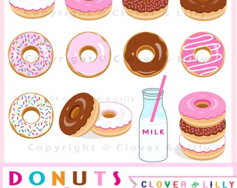 Donuts clipart for invitation, cards and scrapbooking, sprinkles, chocolate, milk, birthday party clip art Instant Download