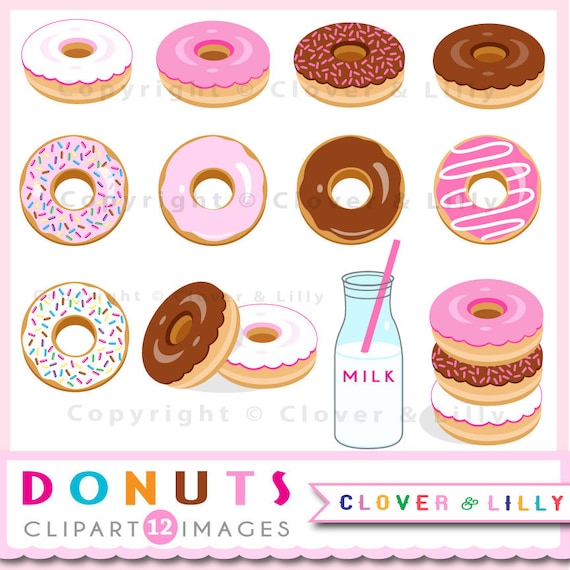 Donuts clipart for invitation, cards and scrapbooking, sprinkles, chocolate, milk, birthday party clip art Instant Download