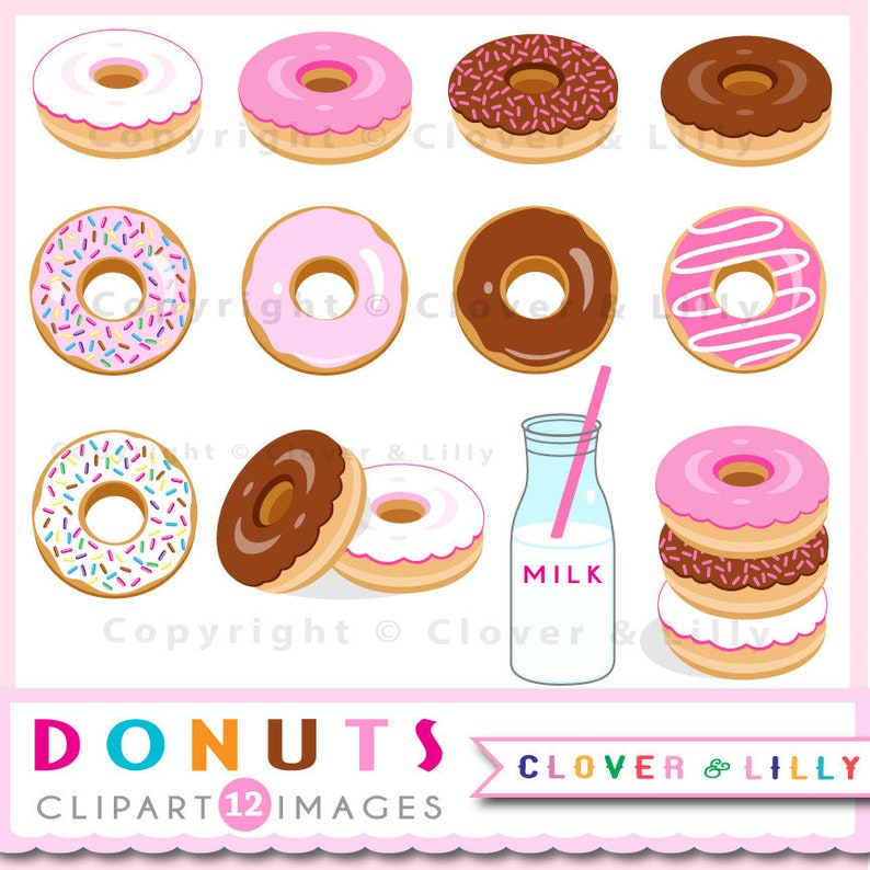 May include: A set of 12 donut clipart images in various colors and toppings, including sprinkles, chocolate, and pink frosting. The clipart also includes a glass bottle of milk with a straw. The text "DONUTS CLIPART 12 IMAGES CLOVER & LILLY" is at the bottom of the image.