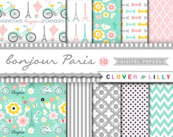 Paris Digital Papers with Eiffel tower, travel, romantic, Modern Scrapbook Paper Instant Download